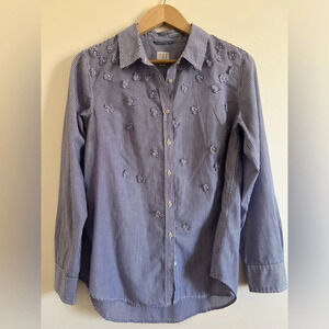 2/$25 A New Day Womens Button-Up Shirt L Blue White PinStripe Flower Long Sleeve